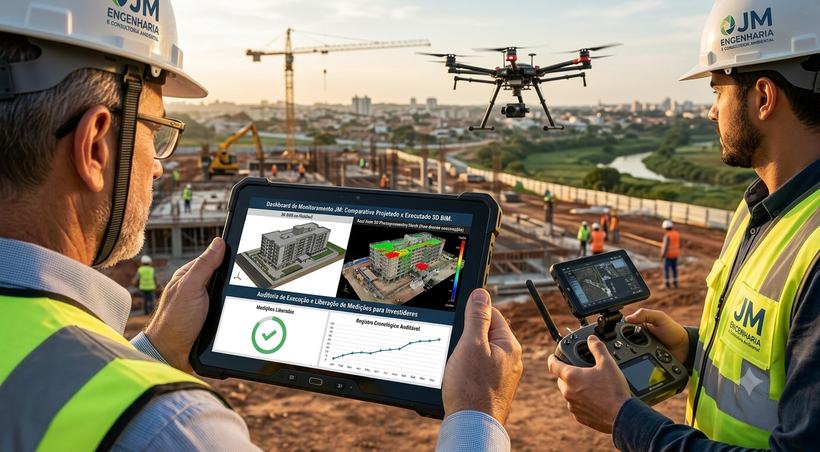 Monitoramento aéreo de obra com comparativo projetado × executado