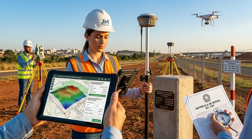 Equipe de topografia com GNSS RTK, estação total e marco georreferenciado