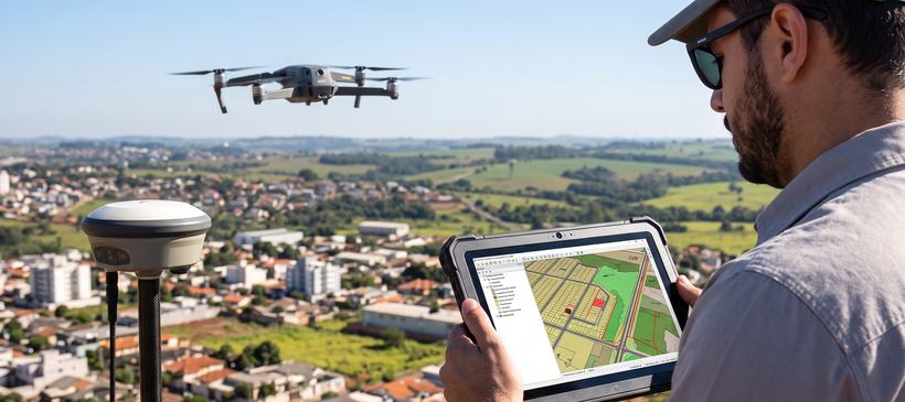 Operador com drone, GNSS e tablet mapeando área urbana e rural