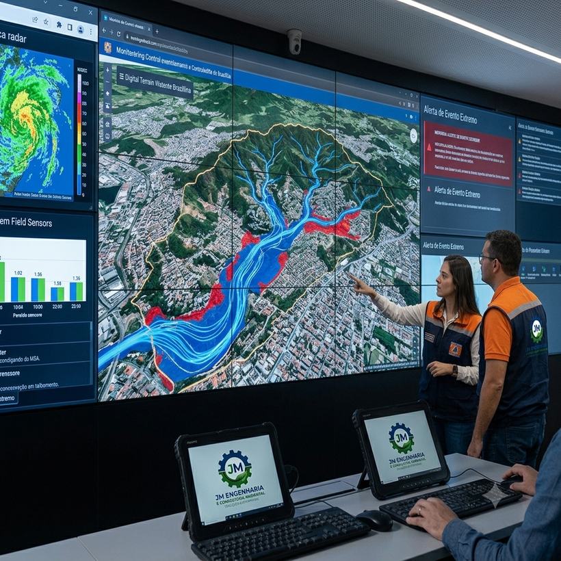 Central de monitoramento com alertas de eventos extremos e simulação de bacia