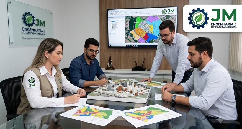 Equipe técnica analisando mapas de zoneamento e maquete urbana