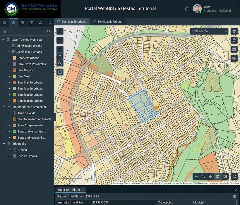 Portal WebGIS de gestão territorial com camadas de zoneamento e tributação